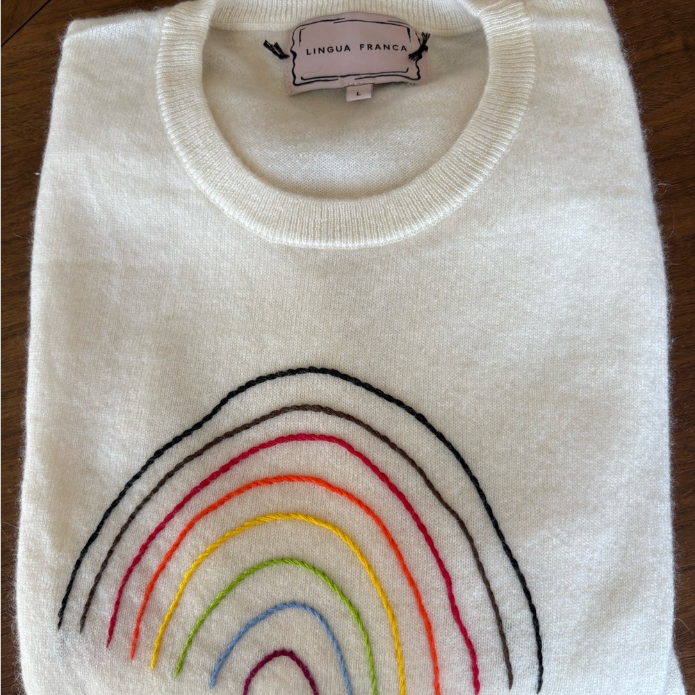 Lingua Franca Cashmere Cream Sweater with Rainbow Embroidery